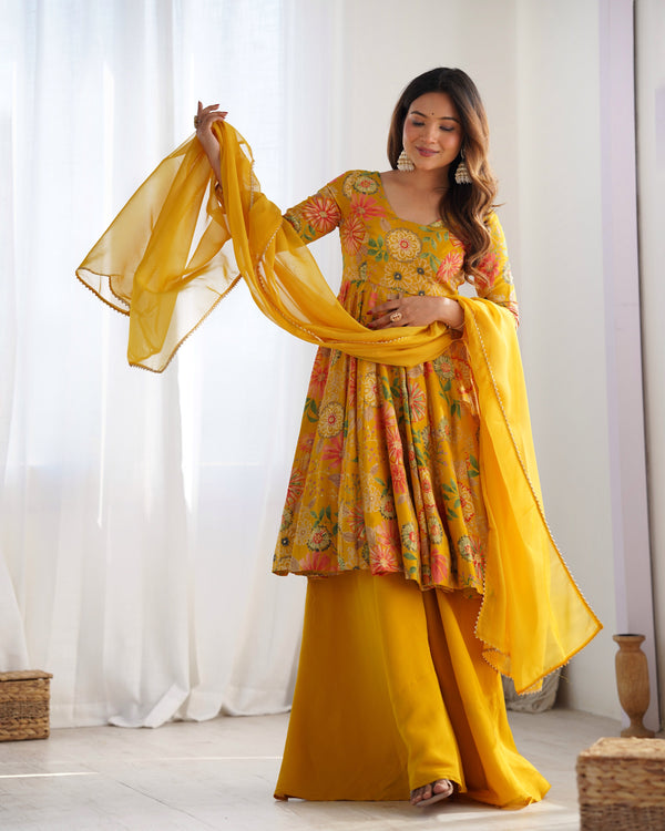 Haldi Wear Yellow Color Heavy Roman Silk Chanderi Designer Palazzo Suit