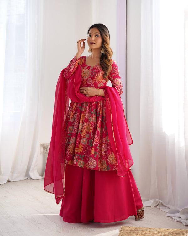 Festive Wear Pink Color Heavy Pure Soft Roman Silk Chanderi Designer Palazzo Suit
