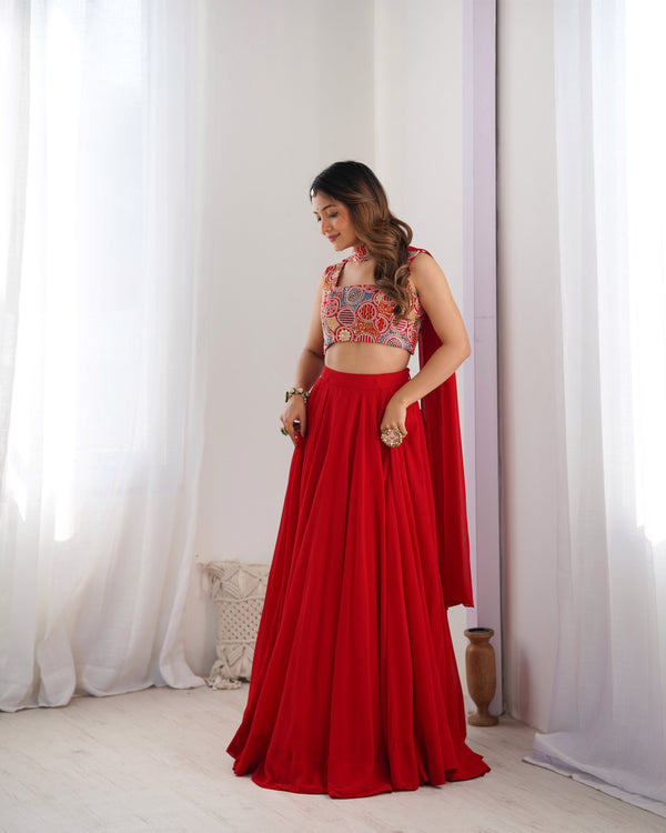 Glossy Red Color Faux Georgette Blooming Designer Ready to Wear Lehenga Choli