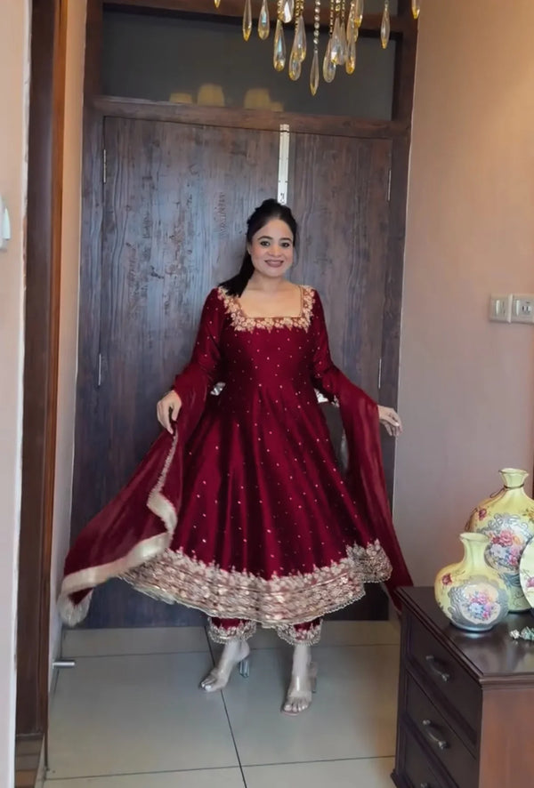 Ceremony Wear Maroon Color Heavy Pure Vichitra Silk With Embroidery 5mm Sequence Work Anarkali Suit