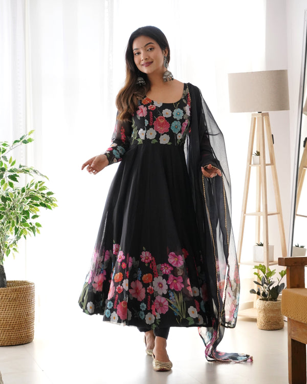 Festive Wear Multi Flower Print Black Color Anarkali Suit