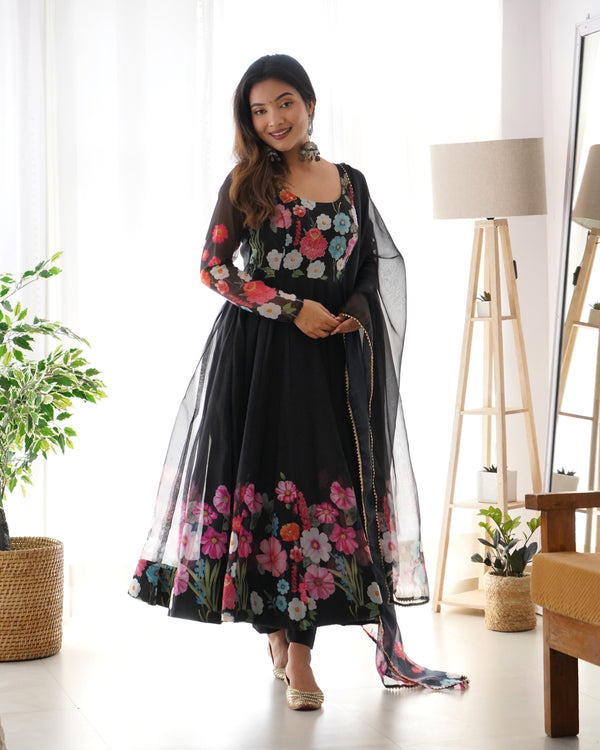 Designer Multi Flower Print Black Color Anarkali Suit
