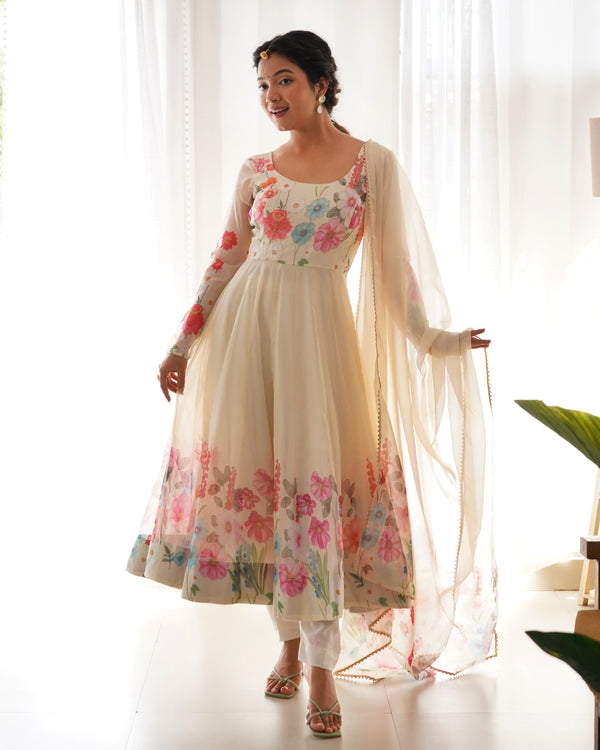 Festive Wear Multi Flower Print Cream Color Anarkali Suit