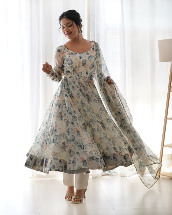 Beautiful Leaf Printed Organza White Color Anarkali Suit