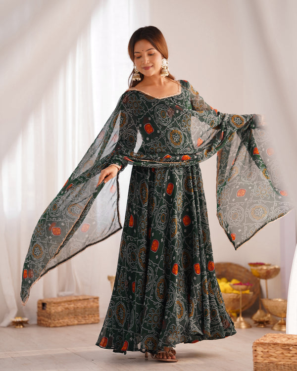 Designer Wear Green Color Lightweight Chiffon Bandhej Fabric Designer Gown