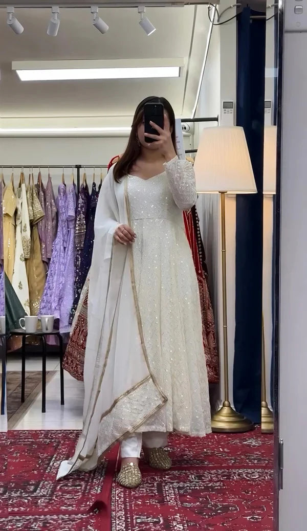 Ceremony Wear Myra's Off White Color Georgette With Sequins And Embroidered Sequins Work Designer Anarkali Suit
