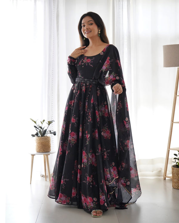 Trendy Organza Silk Black Color Gown With Dupatta