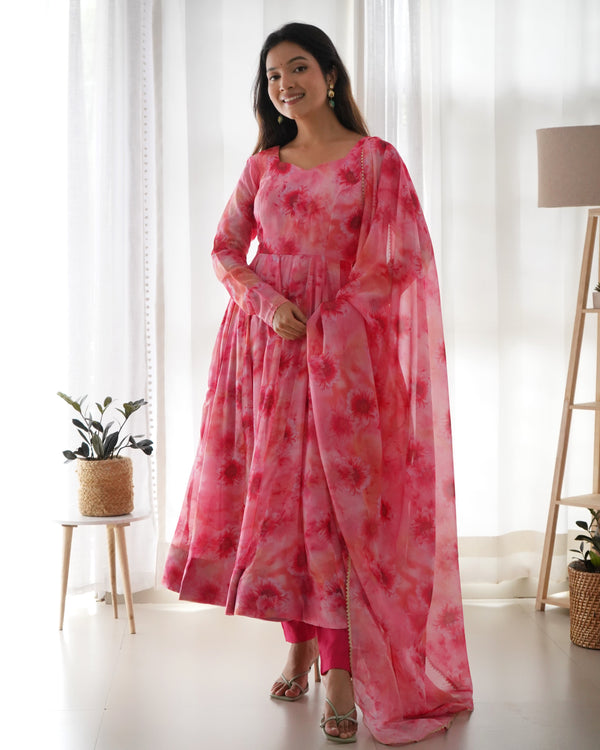 Designer Pink Color Organza Silk Printed Anarkali Suit
