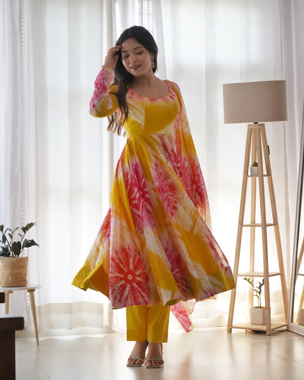 Beautiful Shibori Print Yellow Color Anarkali Suit