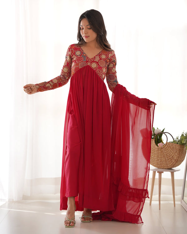 Designer Nayra Cut Red Color Kurta Set