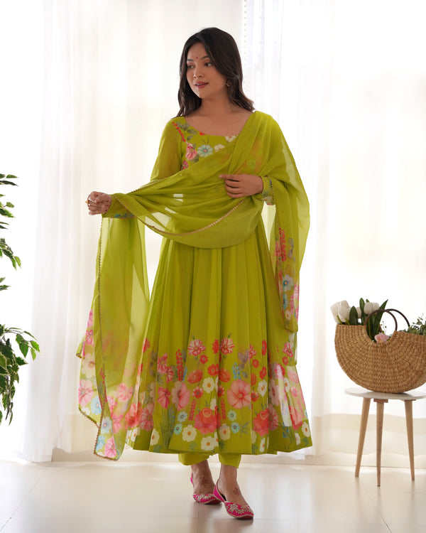 Trendy Multi Flower Print Parrot Green Color Anarkali Suit