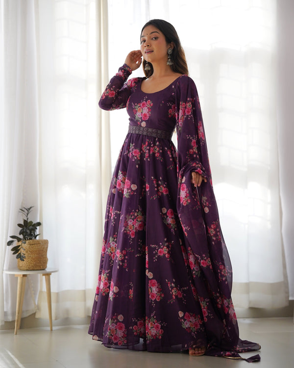Trendy Organza Silk Wine Color Gown With Dupatta