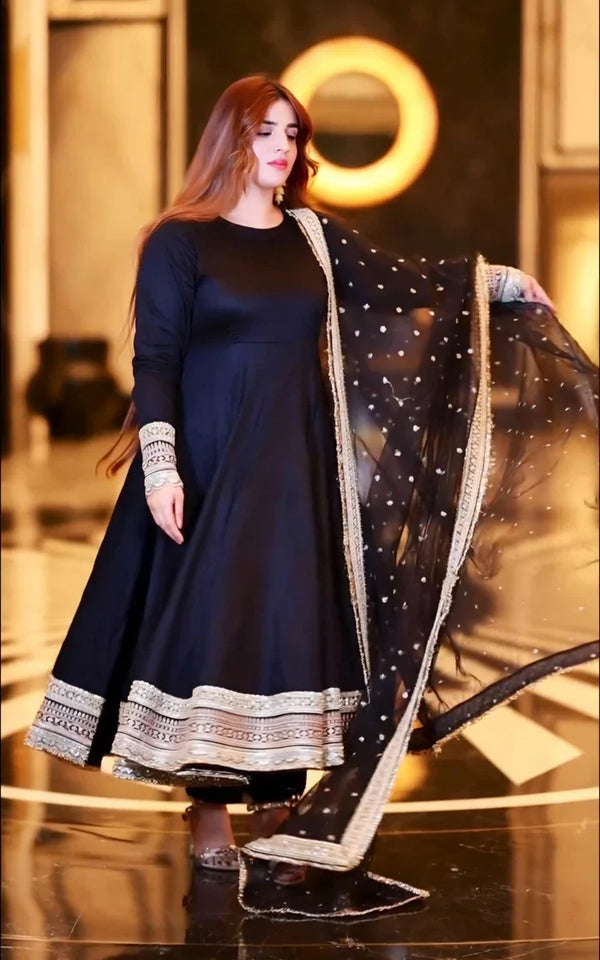 Designer Black Rayon Cotton With Sequins Zari Thread Embroidered Work Anarkali Suit Set