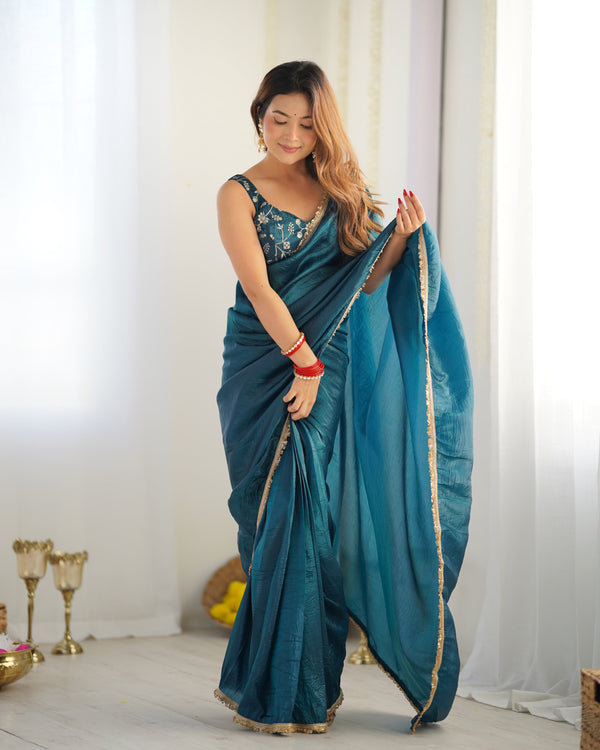 Festive Wear Teal Blue Color Premium Quality Gold Crush Tissue Silk Fabric With Fancy Border Premium Lace Work Predrapped Saree