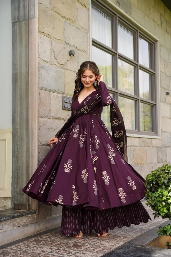 Superhit Wine Color  Maslin With Digital Printed Work Beautiful Designer Anarkali Suit