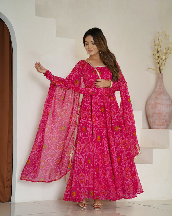 Designer Wear Rani Pink Color Lightweight Chiffon Bandhej Fabric Designer Gown
