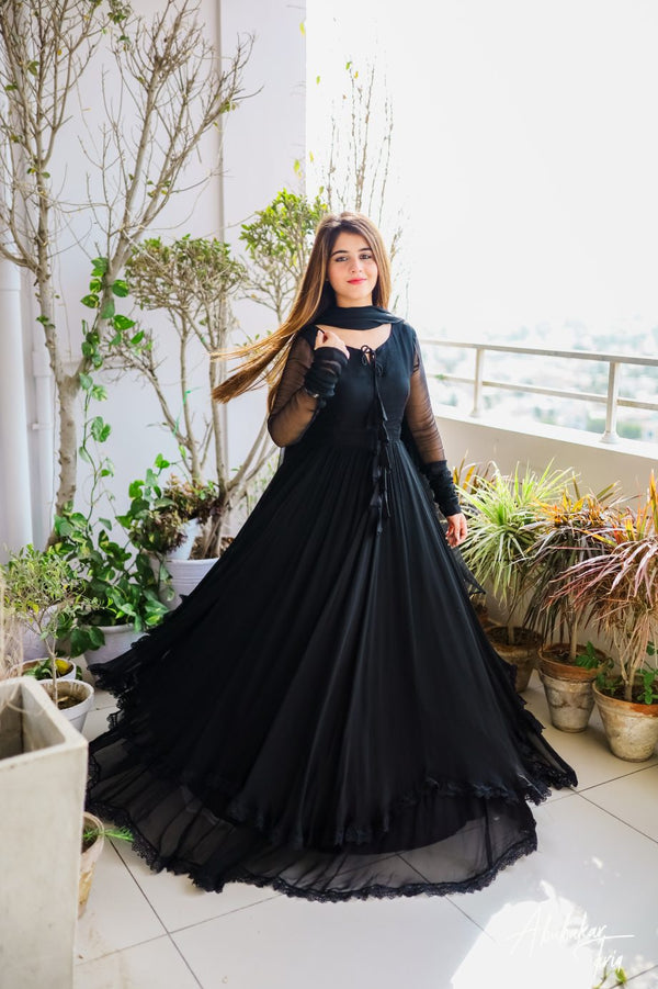 Reception Wear Black And White Color Maxi Long Flair Faux Georgette Lace Work With Tassels Beautiful Anarkali Gown