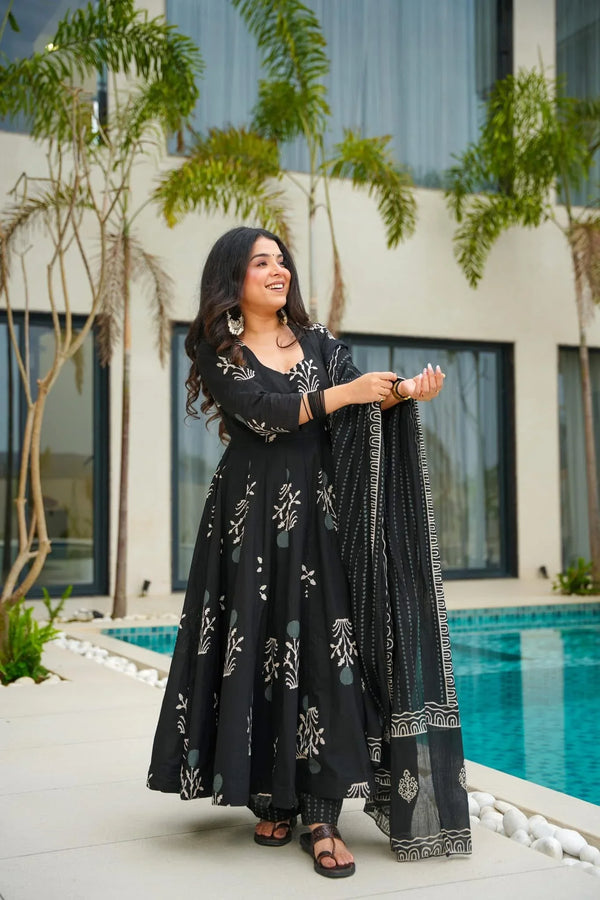 Trendy Black Color Cotton Fabric Hand Printed Work Beautiful Designer Anarkali Suit