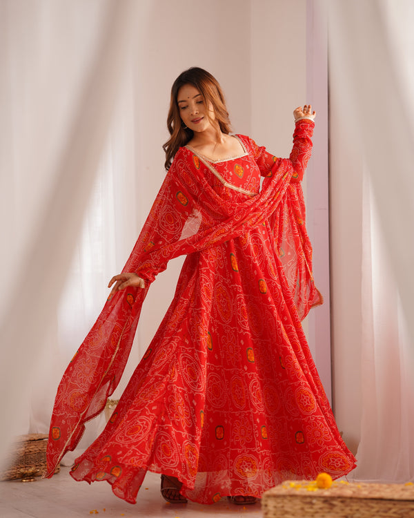 Designer Wear Red Color Lightweight Chiffon Bandhej Fabric Designer Gown