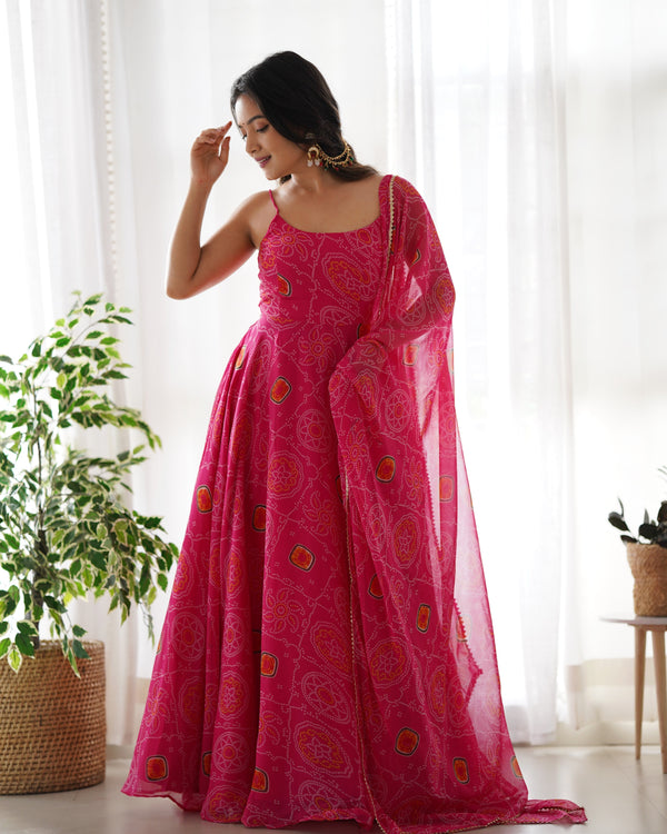 Beautiful Pink Color Bandhani Print Anarkali Suit