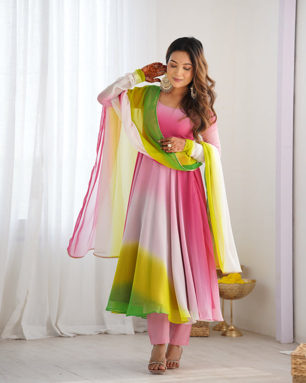 Party Wear Peach And Pink Color Heavy Faux Georgette Designer Anarkali Gown