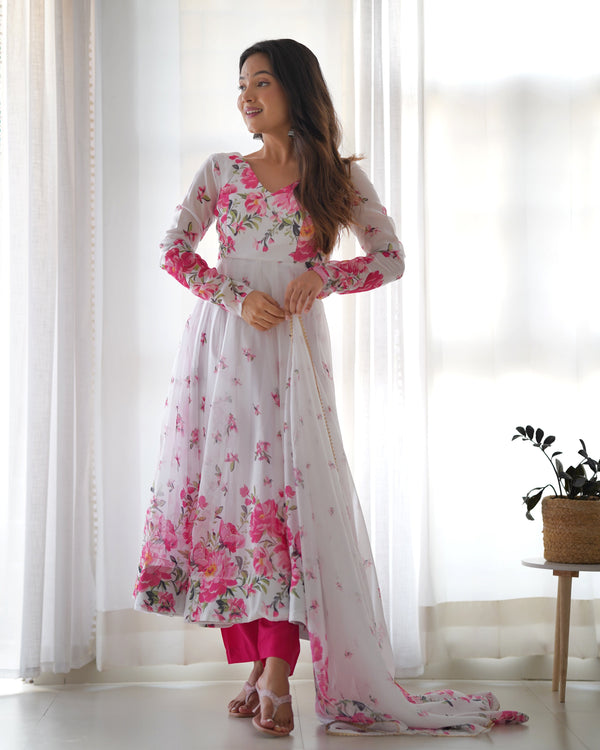 Designer Floral Print White Color Organza Anarkali Suit