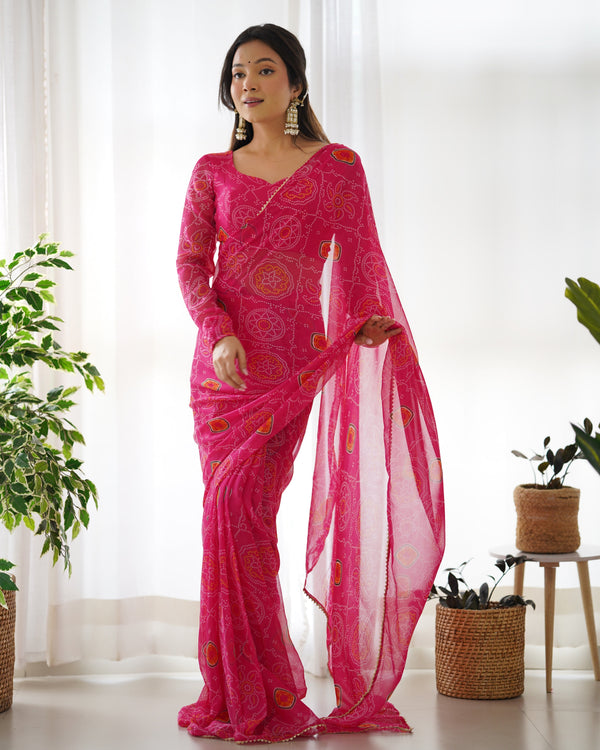 Trendy Bandhani Print Pink Ready To Wear Saree