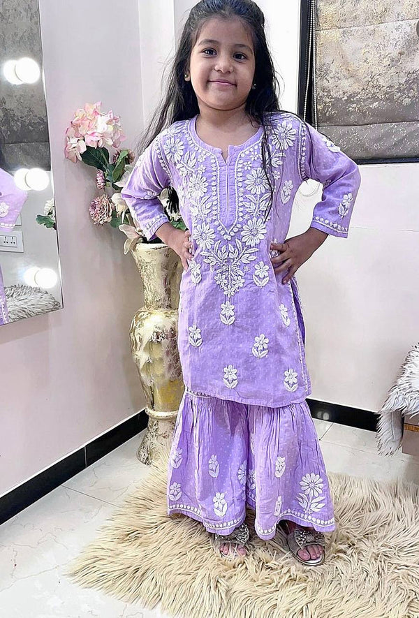 Designer Purple Color Rayon Cotton Embroidered Top with Fancy Sharara