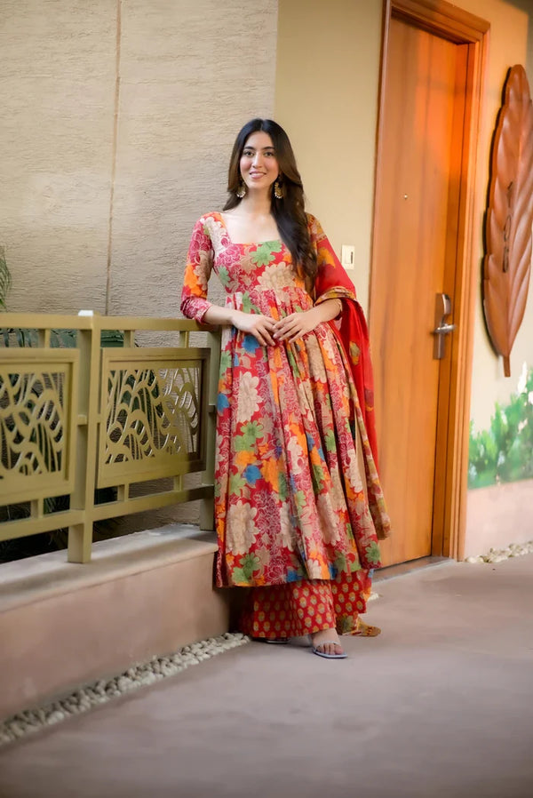 Beautiful Designer Multi Color Muslin With Digital Printed Anarkali Suit Set