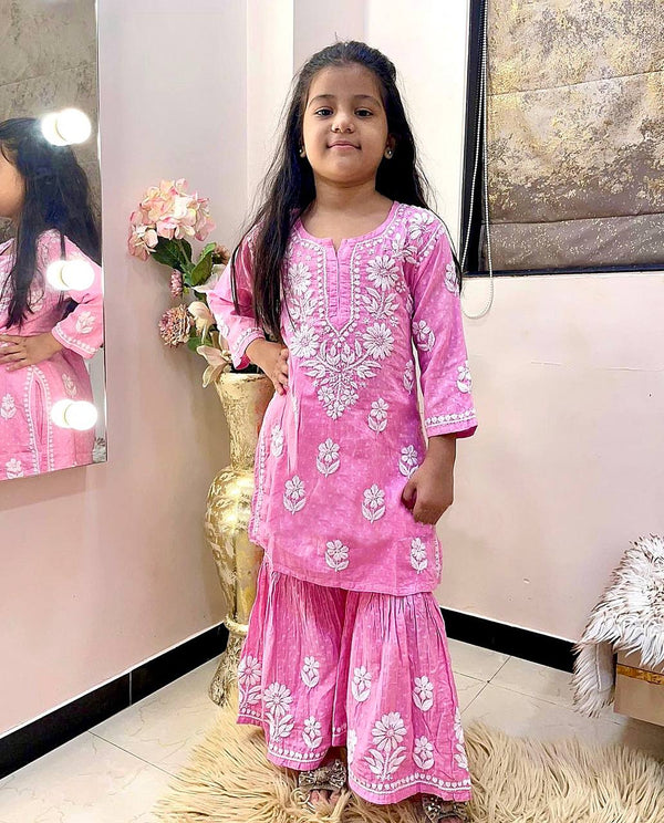 Designer Pink Color Rayon Cotton Embroidered Top with Fancy Sharara
