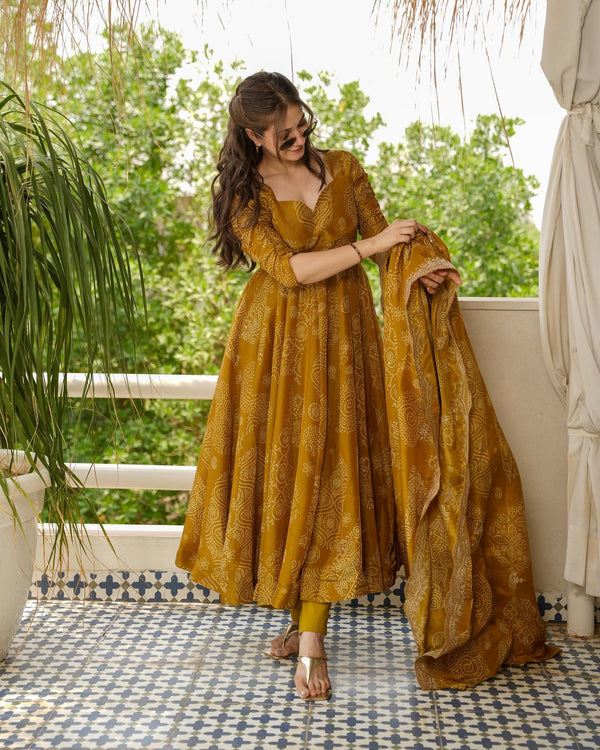 Ceremony Wear Mustard Color Georgette Fabric With All Over Embroidery Work Designer Anarkali Suit