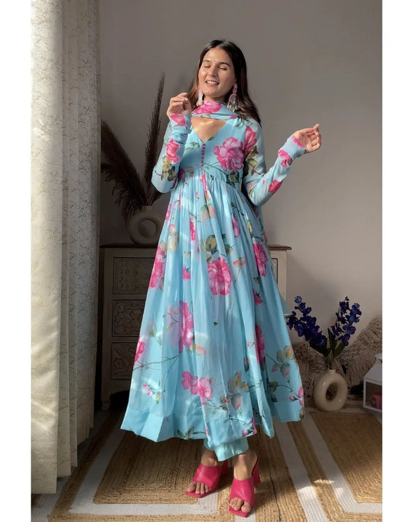 Party Wear Sky Blue Color Organza With Digital Flower Printed Beautiful Anarkali Suit
