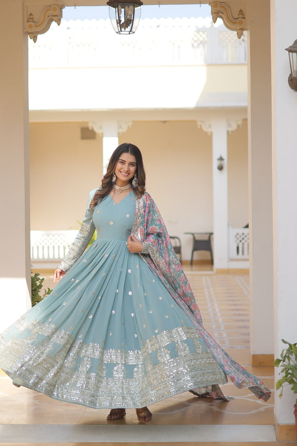 Party Wear Sanaya's Sky Blue Color Faux Georgette with Embroidery Zari Sequins Work Full Stitch Designer Anarkali Suit