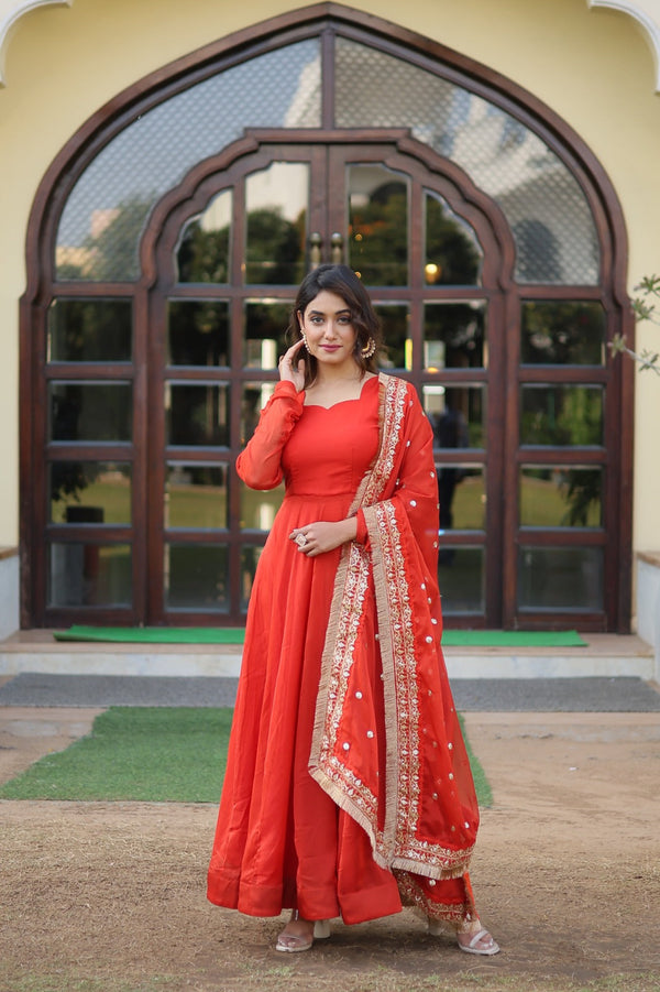 Beautiful Orange Color Gown With Embroidered Dupatta