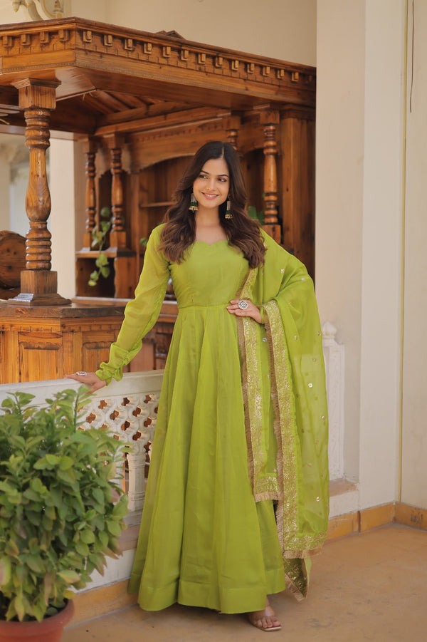 Beautiful Parrot Green Color Gown With Embroidered Dupatta