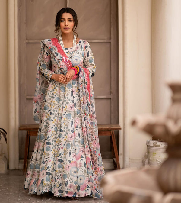 Exclusive Off White Multi Color Faux Sinon With Embroidery Zari With 9mm Sequins Work Beautiful Anarkali Suit