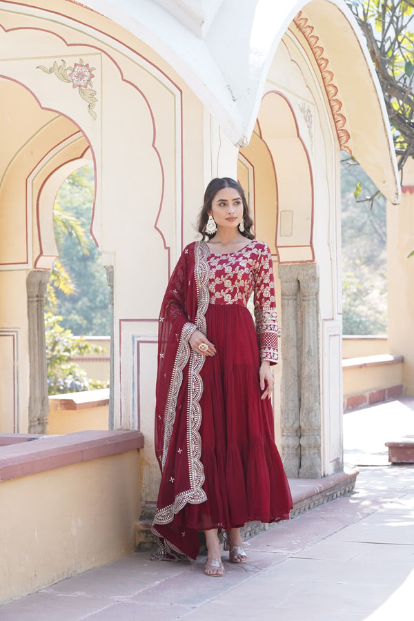 Beautiful Jacquard Embroidered Maroon Color Gown