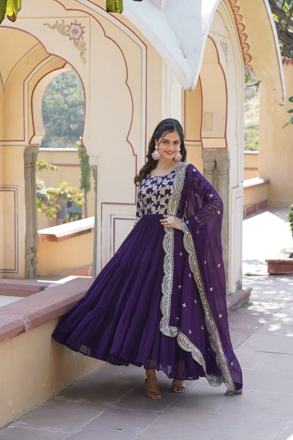 Beautiful Jacquard Embroidered Purple Color Gown