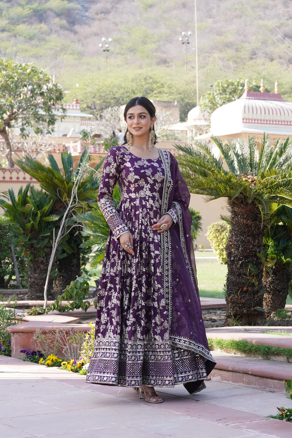 Beautiful Jacquard Embroidered Wine Color Gown