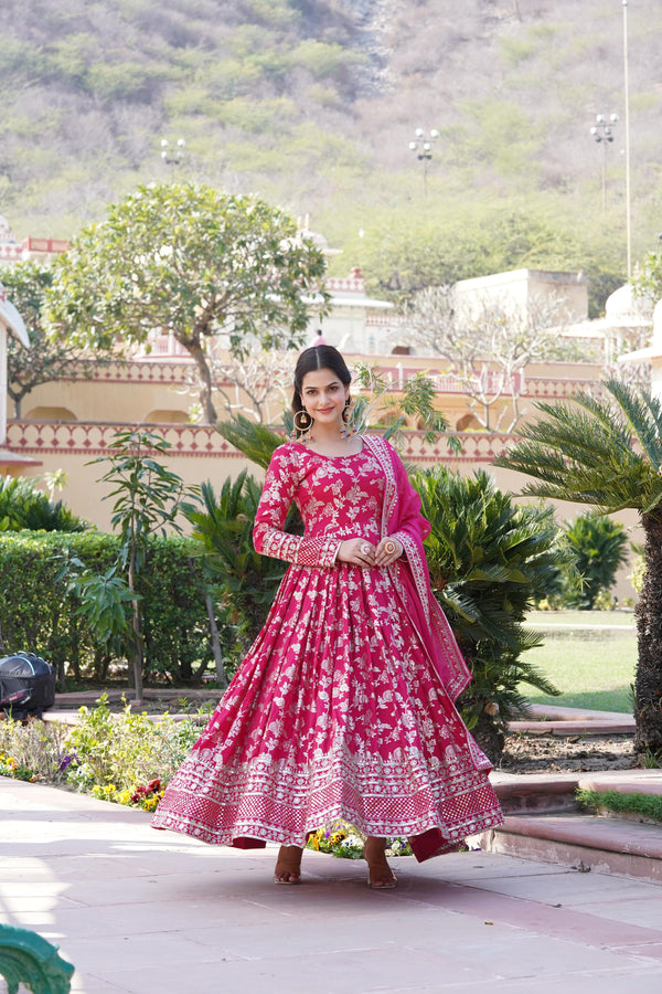 Beautiful Jacquard Embroidered Pink Color Gown