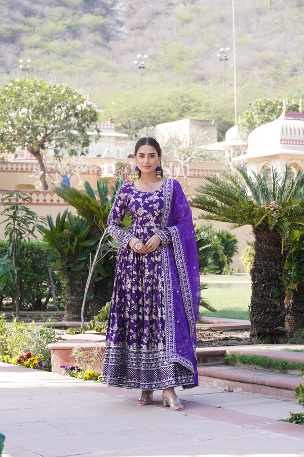 Beautiful Jacquard Embroidered Purple Color Gown
