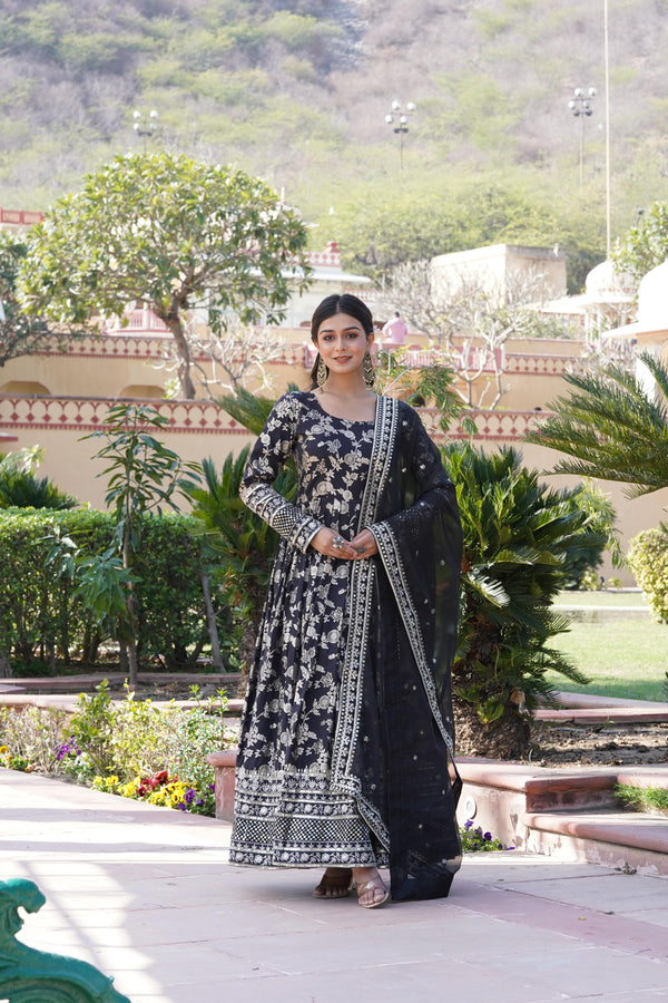 Beautiful Jacquard Embroidered Black Color Gown