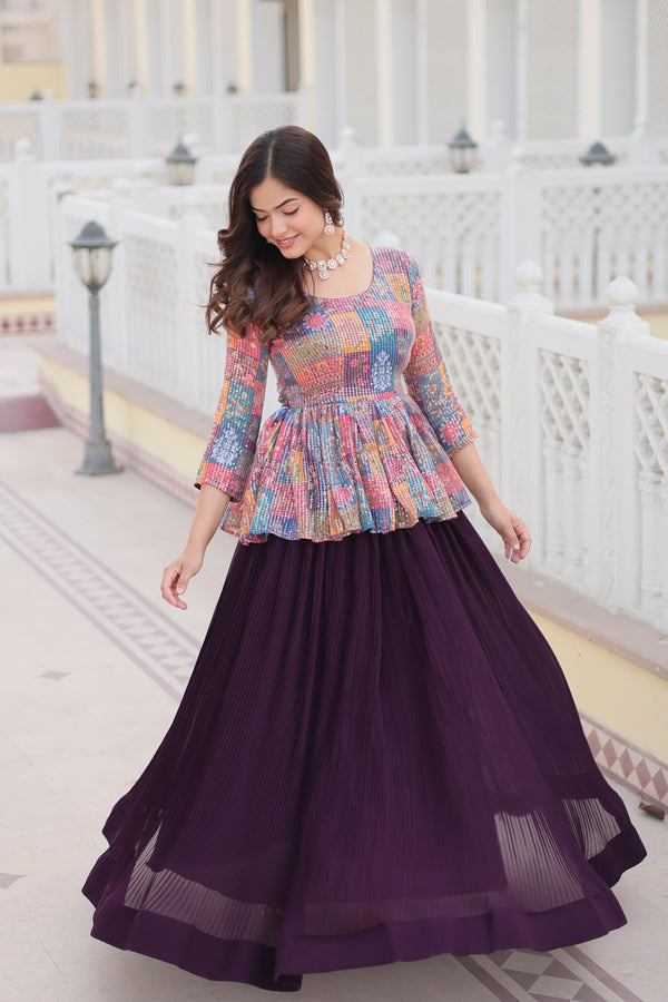 Delightful Crushed Wine Lehenga With Multi Color Top