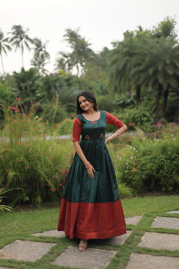Function Wear Green Color Jacquard Silk Gown