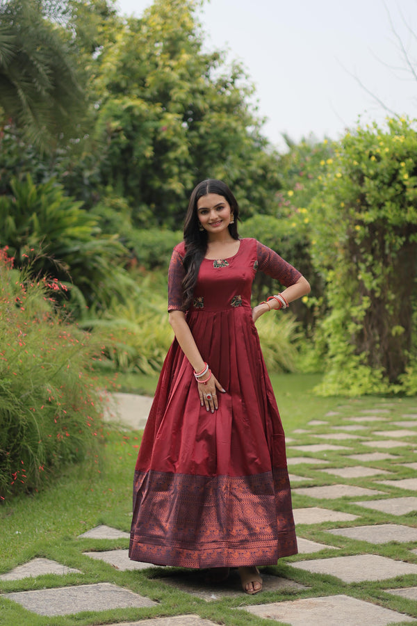 Function Wear Maroon Color Jacquard Silk Gown