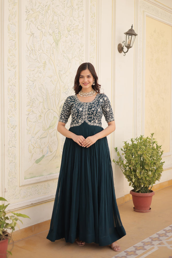Zari Sequence Work Dark Designer Green Color Gown