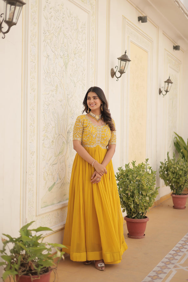 Zari Sequence Work Designer Yellow Color Gown