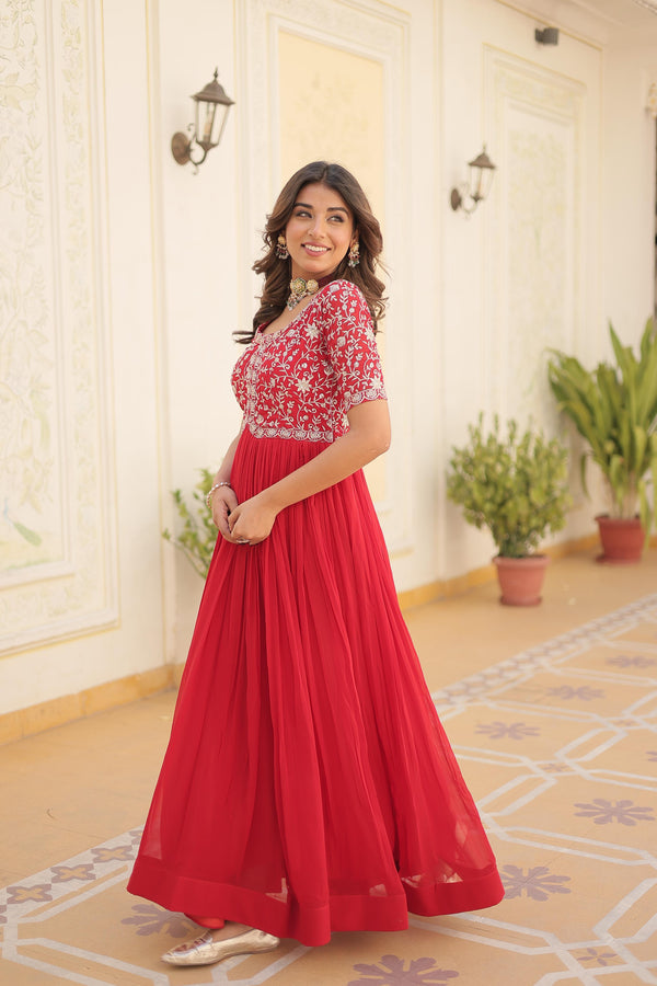Zari Sequence Work Designer Red Color Gown