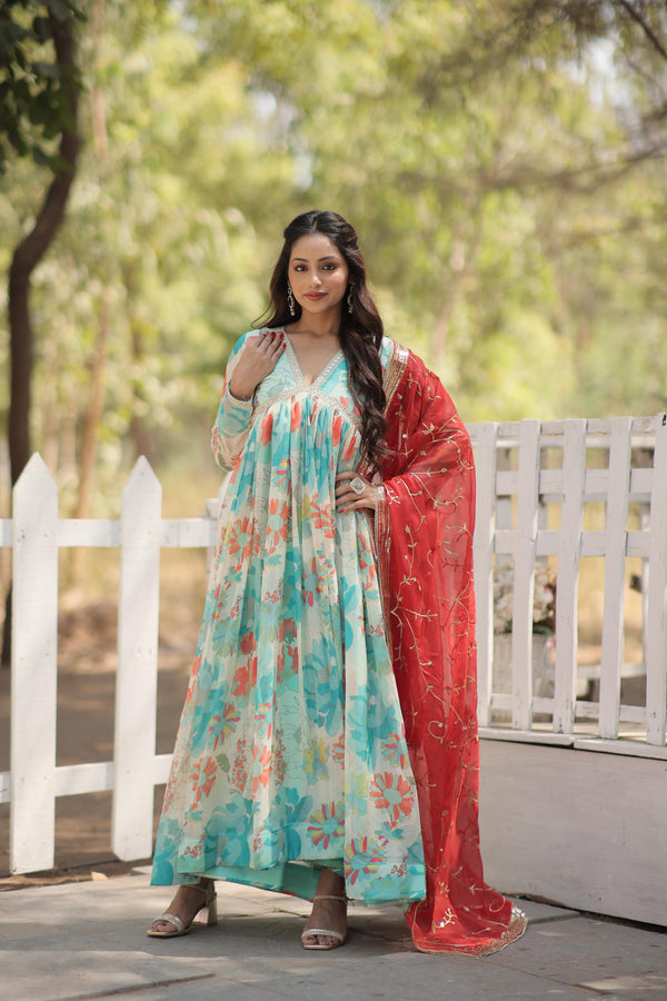 Graceful Alia Cut Flower Digital Print Designer Sky Blue Gown