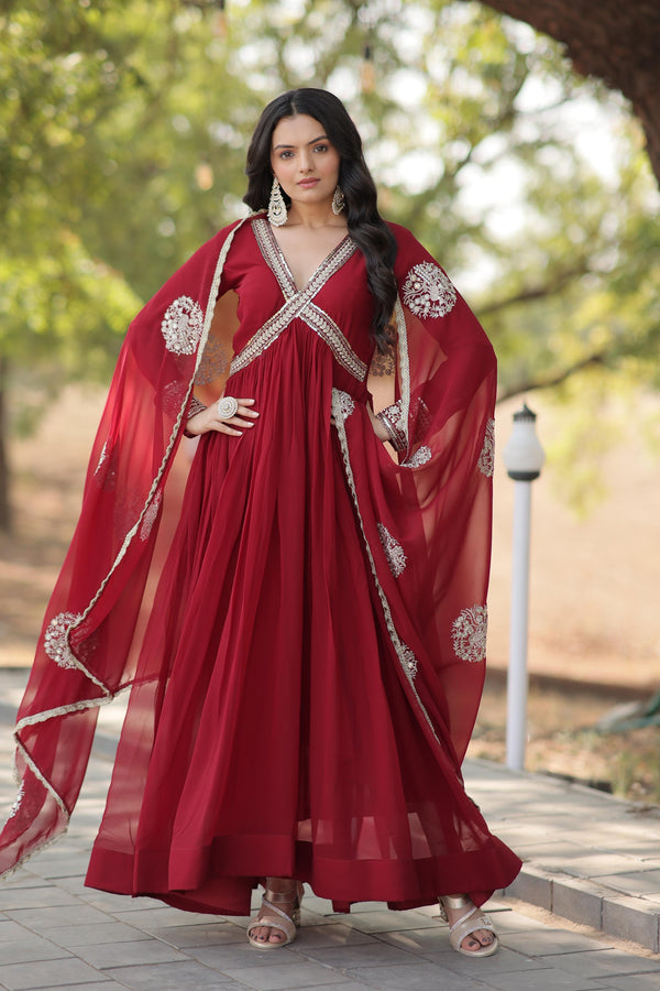 Beautiful Maroon Color Gown With Dupatta